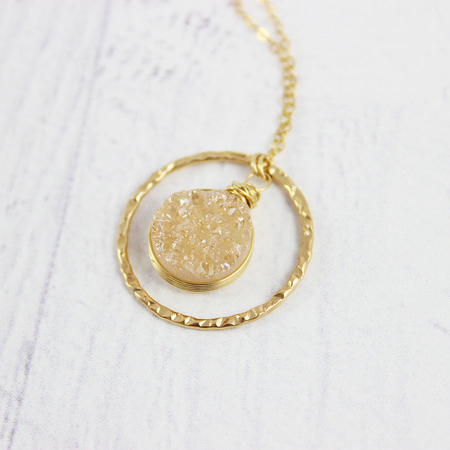 Champagne Druzy Geode Gold Circle Pendant Necklace