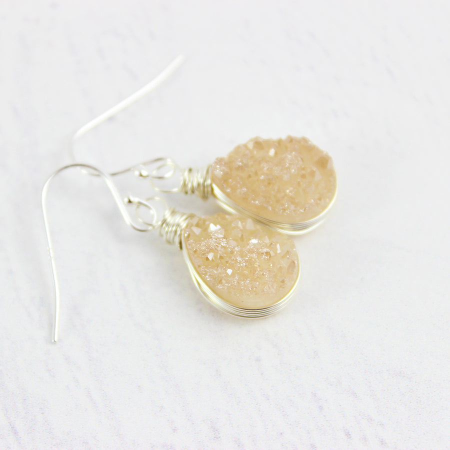 Peach Druzy Teardrop Sterling Silver Earrings