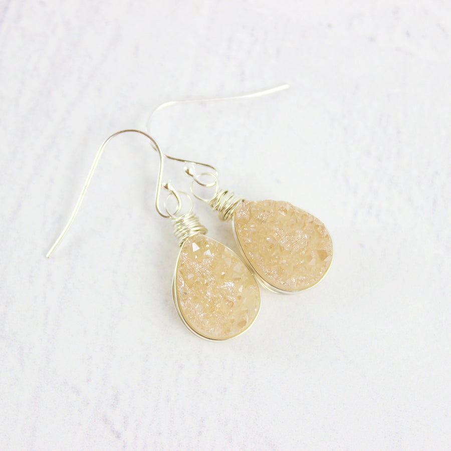 Peach Druzy Teardrop Sterling Silver Earrings