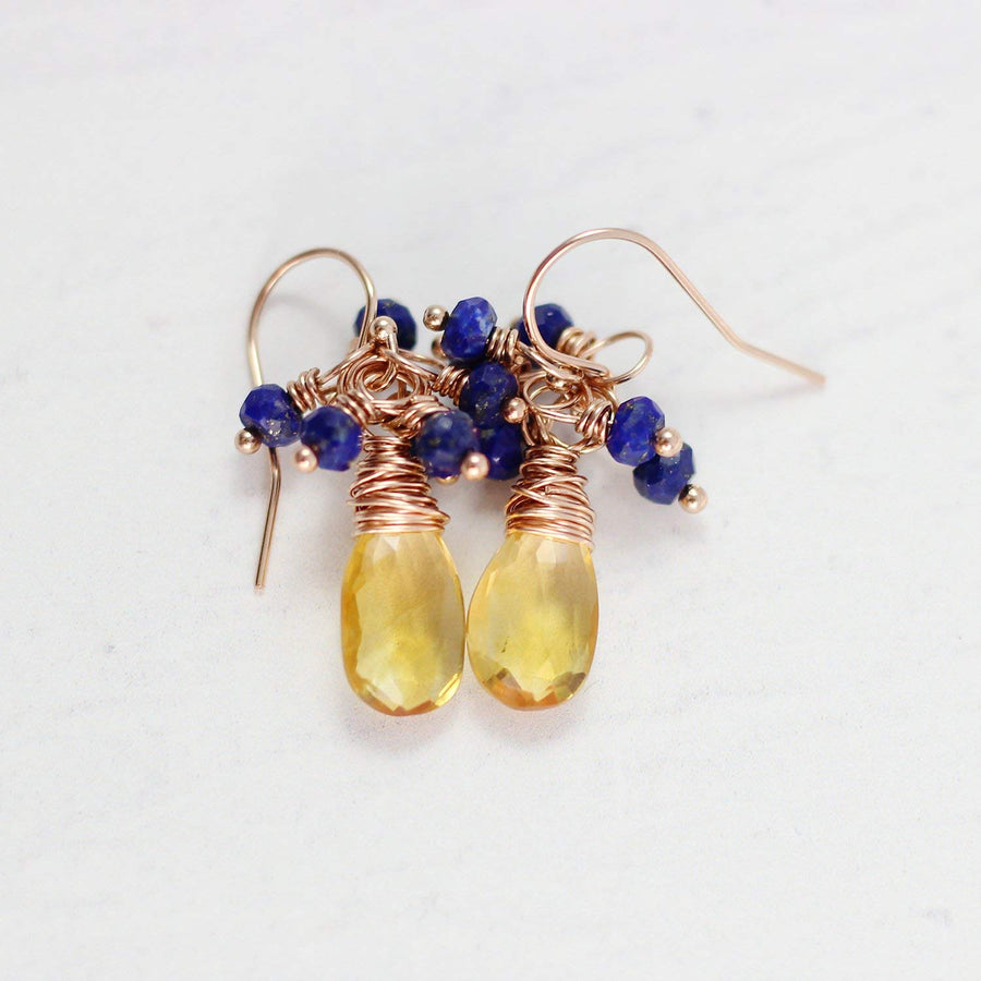 Yellow Citrine and Blue Lapis Rose Gold Gemstone 