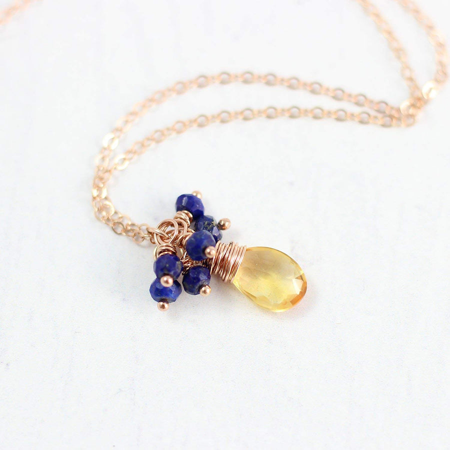 Yellow Citrine and Blue Lapis Rose Gold Gemstone