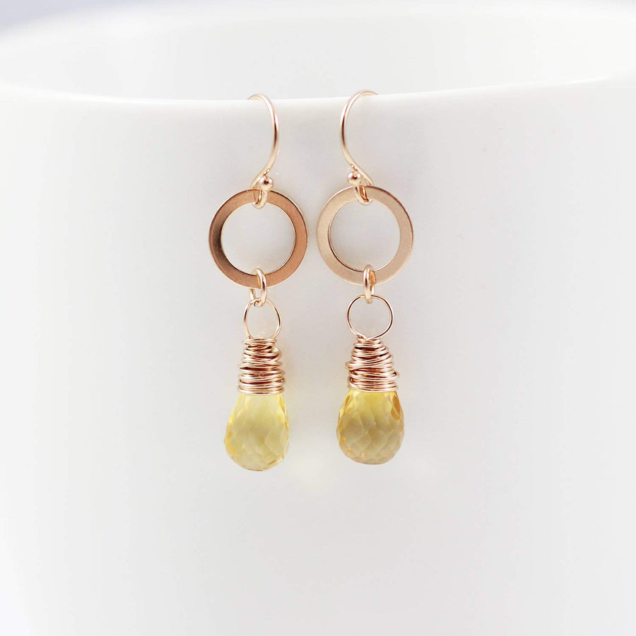 Yellow Citrine Teardrop Rose Gold Earrings