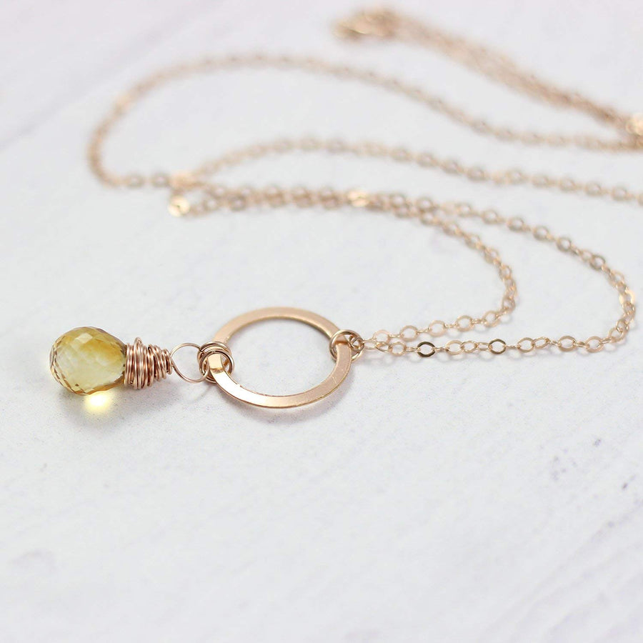 Yellow Citrine Teardrop Rose Gold Necklace