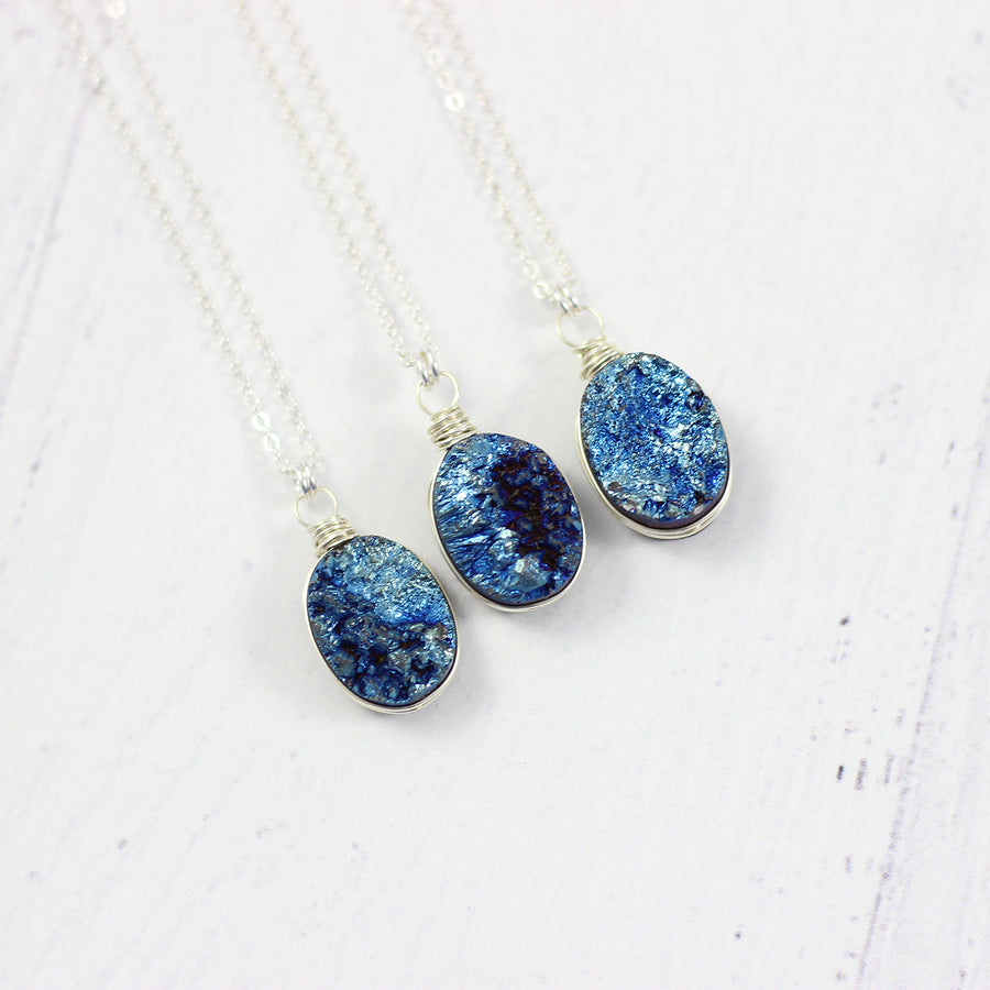 Dark Blue Druzy Oval Pendant Silver Necklace