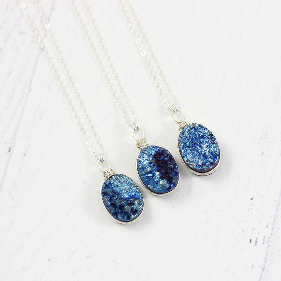 Dark Blue Druzy Oval Pendant Silver Necklace