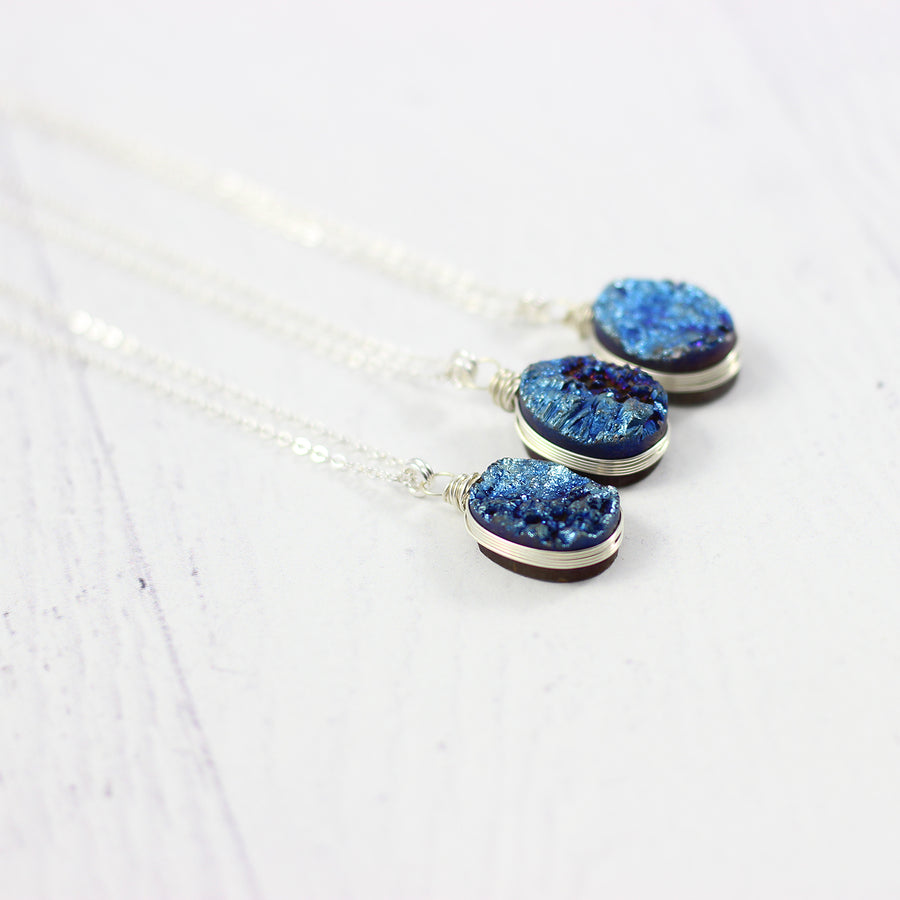 Dark Blue Druzy Oval Pendant Silver Necklace