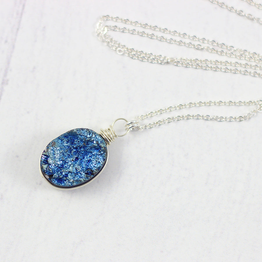 Dark Blue Druzy Oval Pendant Silver Necklace