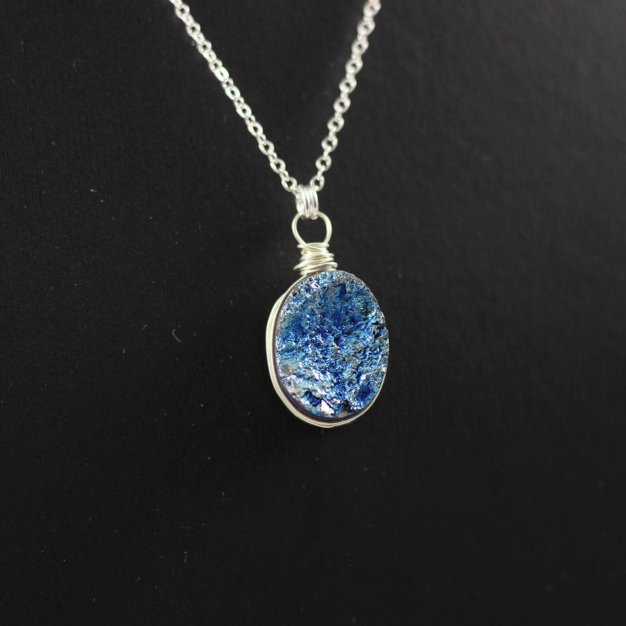 Dark Blue Druzy Oval Pendant Silver Necklace