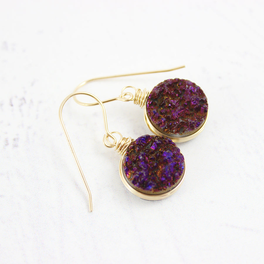 Dark Metallic Purple Druzy Gold Dangle Earrings – Starletta Designs