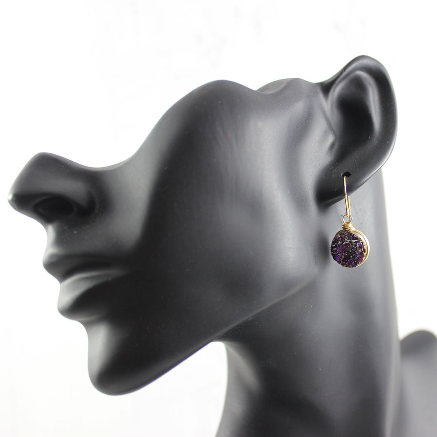 Dark Metallic Purple Druzy Gold Dangle Earrings