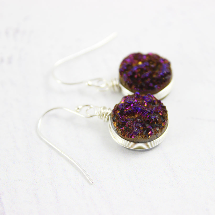 Dark Metallic Purple Druzy Sterling Silver Earrings