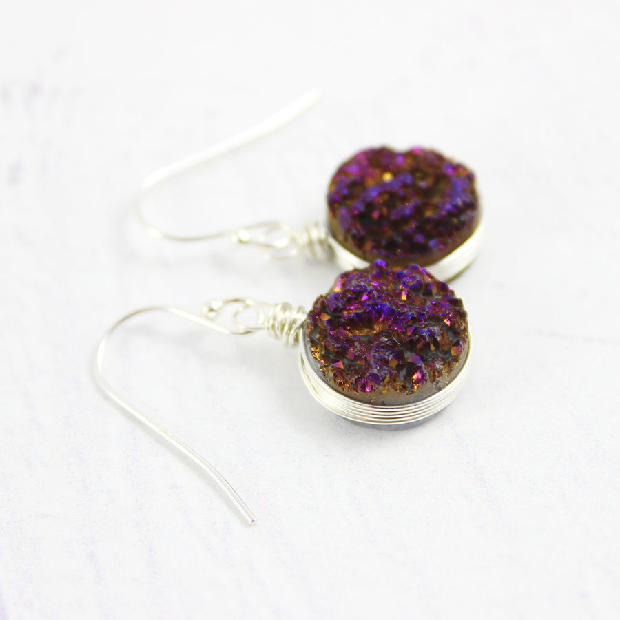 Dark Metallic Purple Druzy Sterling Silver Earrings