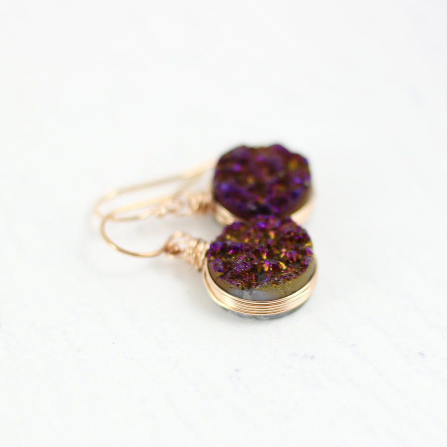 Dark Metallic Purple Druzy Rose Gold Earrings