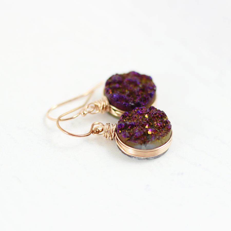 Dark Metallic Purple Druzy Rose Gold Earrings