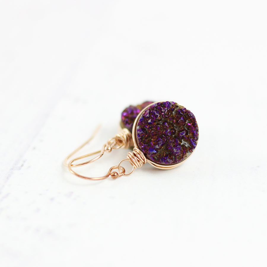 Dark Metallic Purple Druzy Rose Gold Earrings