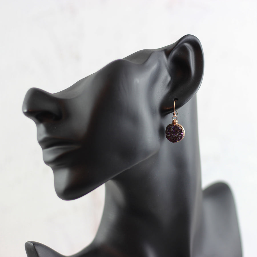 Dark Metallic Purple Druzy Rose Gold Earrings