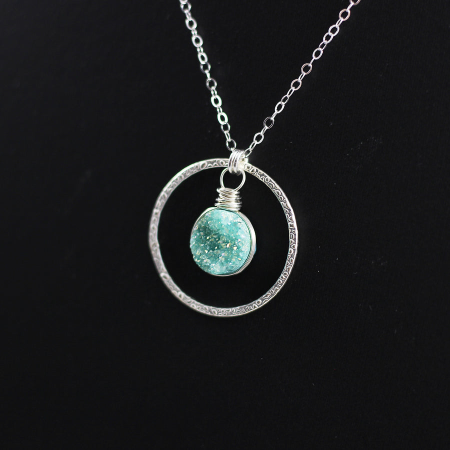 Green Druzy Geode Sterling Silver Pendant Necklace