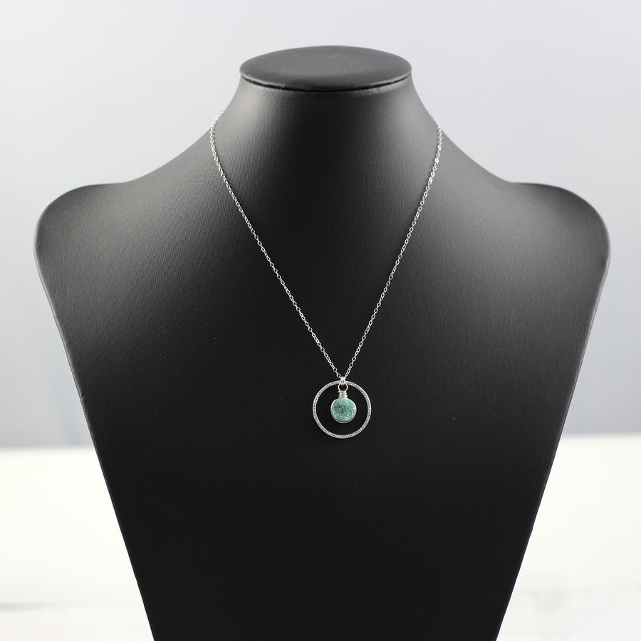 Green Druzy Geode Sterling Silver Pendant Necklace