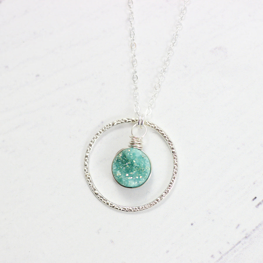 Green Druzy Geode Sterling Silver Pendant Necklace