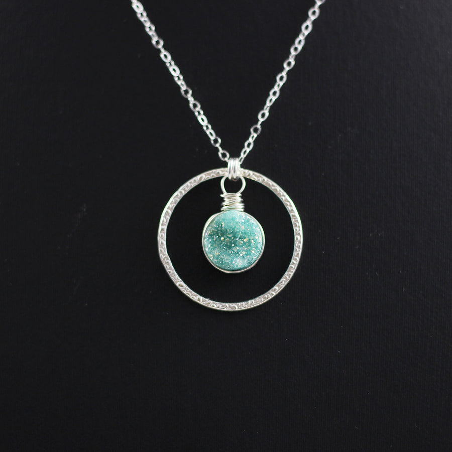 Green Druzy Geode Sterling Silver Pendant Necklace