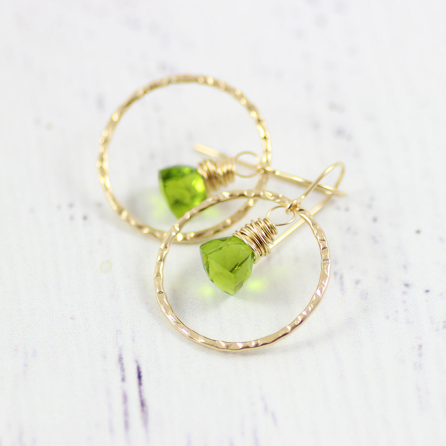 Green Quartz Gemstone Gold Filled Hoop Earrings