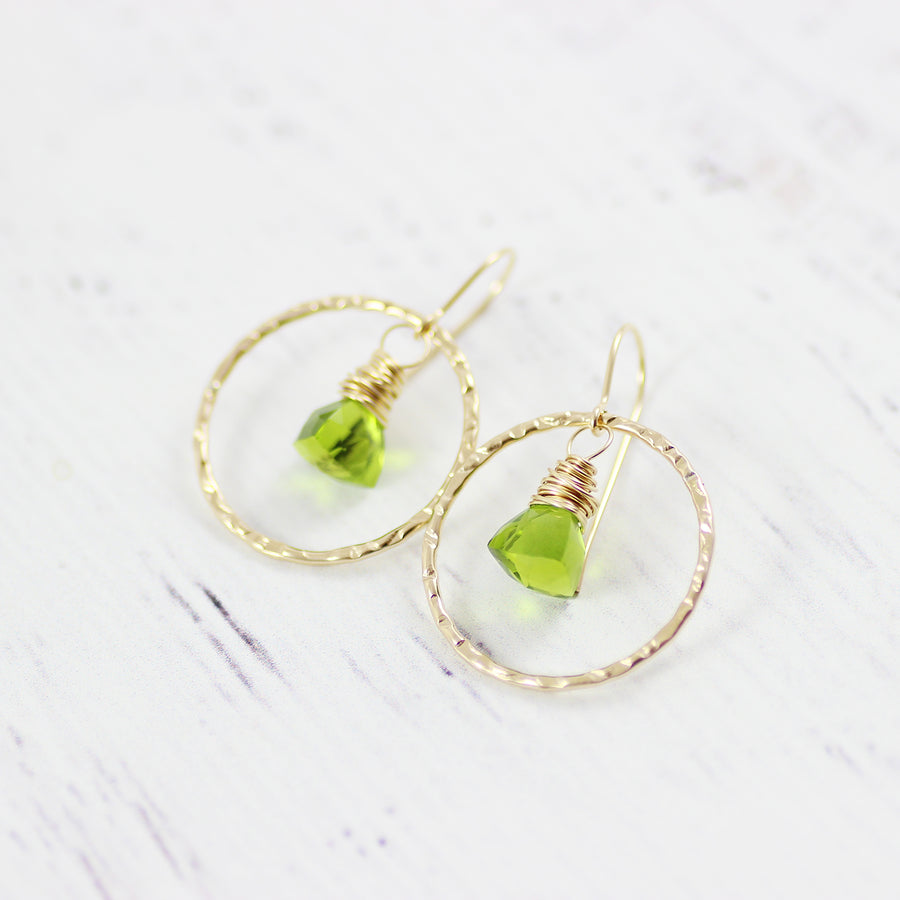 Green Quartz Gemstone Gold Filled Hoop Earrings