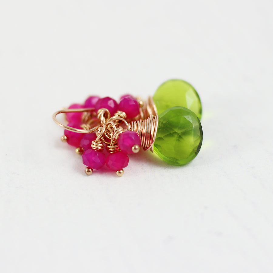Green Quartz and Hot Pink Chalcedony Rose Gold Earrings