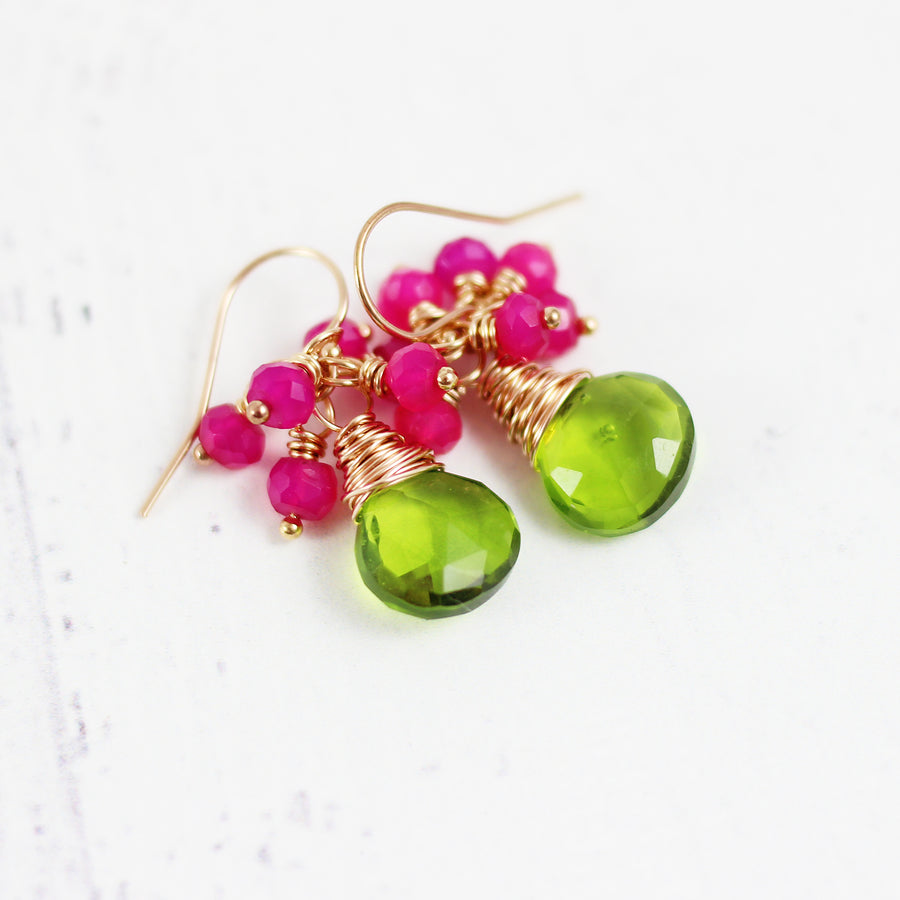 Green Quartz and Hot Pink Chalcedony Rose Gold Earrings