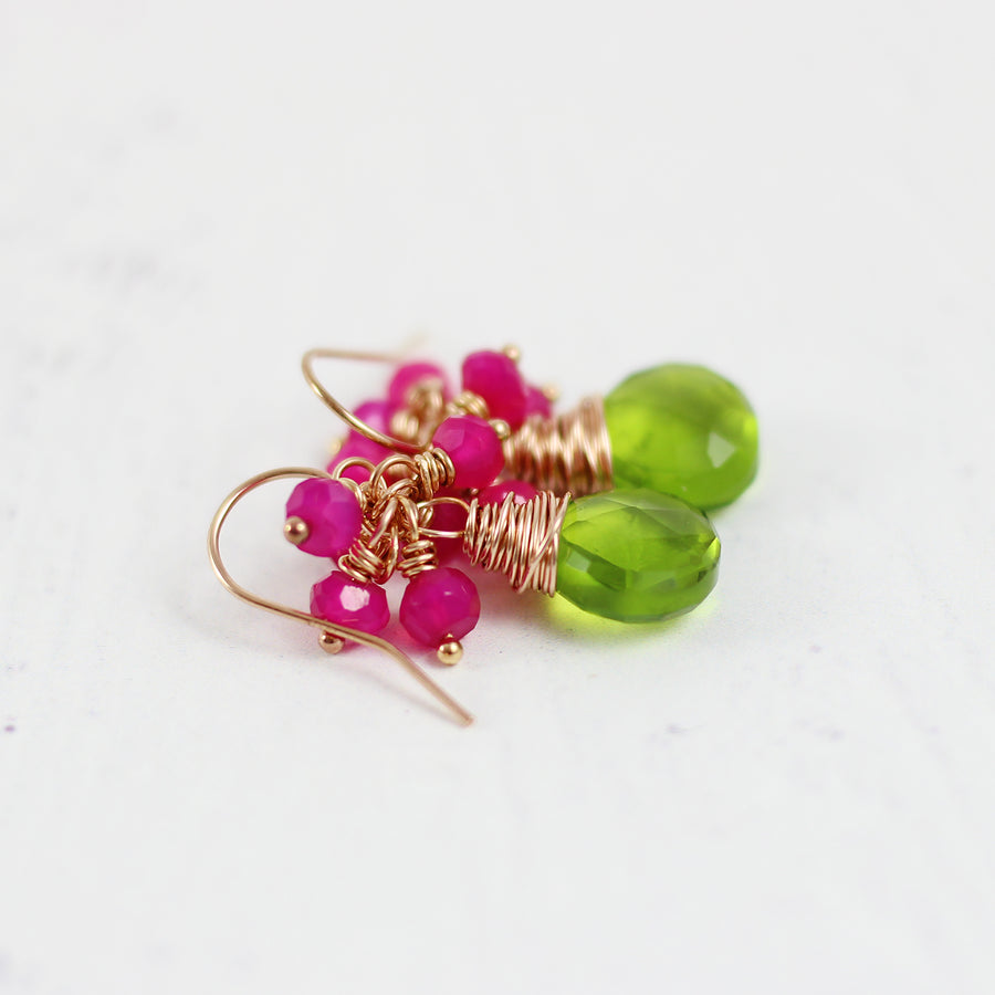 Green Quartz and Hot Pink Chalcedony Rose Gold Earrings
