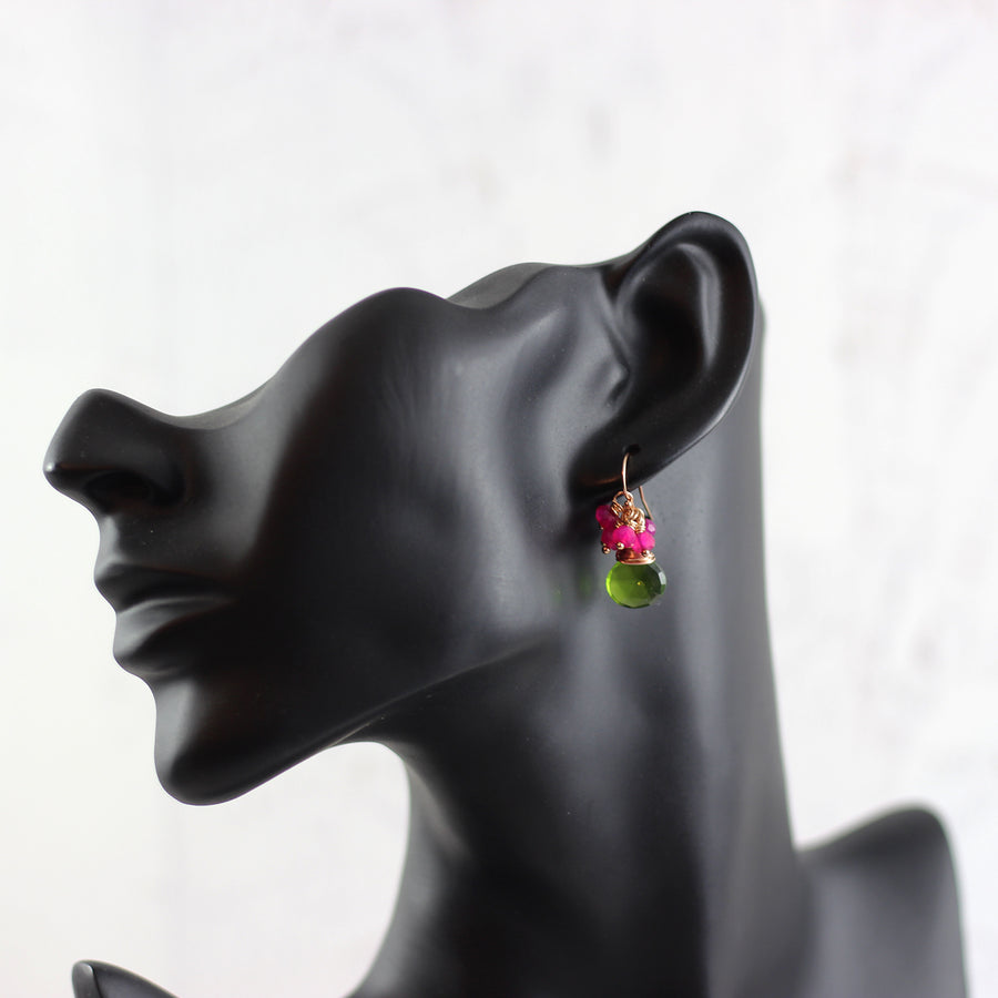 Green Quartz and Hot Pink Chalcedony Rose Gold Earrings