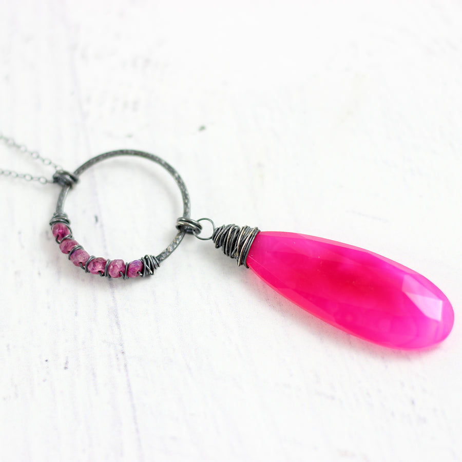 Hot Pink Black Oxidized Sterling Silver Gemstone Necklace