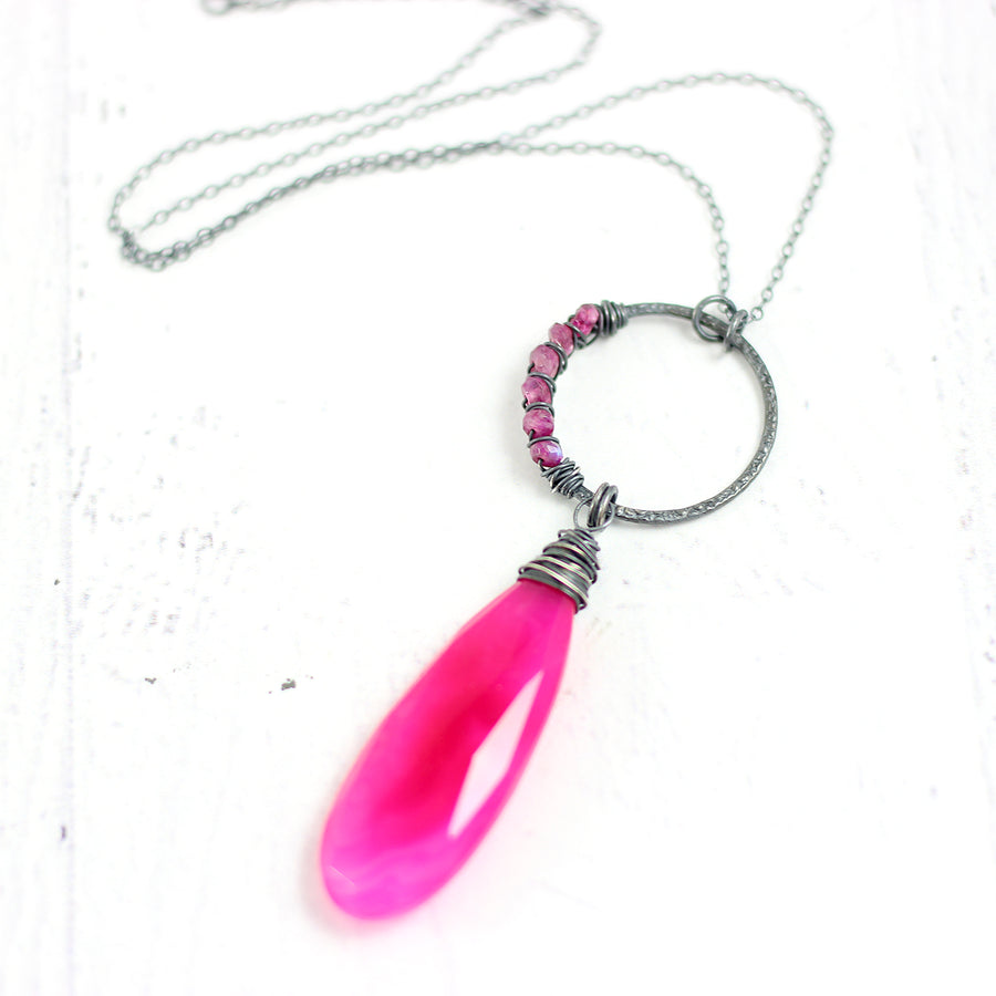 Hot Pink Black Oxidized Sterling Silver Gemstone Necklace