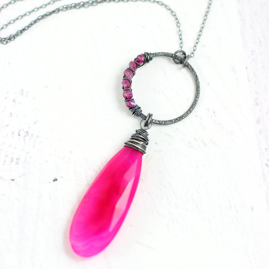 Hot Pink Black Oxidized Sterling Silver Gemstone Necklace