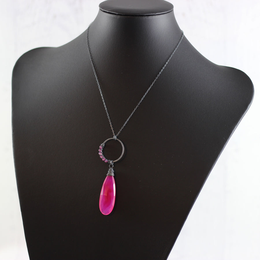 Hot Pink Black Oxidized Sterling Silver Gemstone Necklace