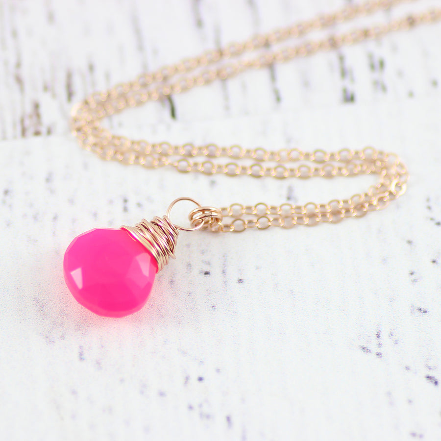 Hot Pink Chalcedony Rose Gold Necklace
