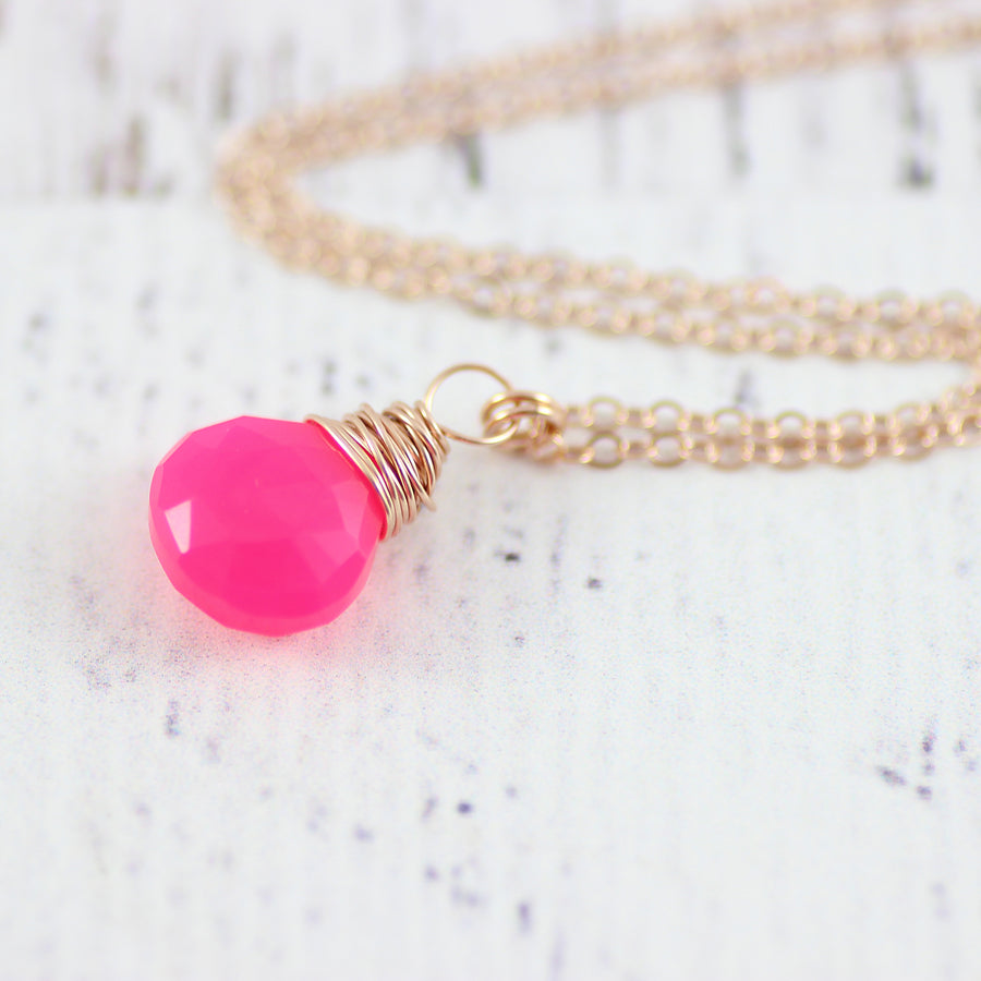 Hot Pink Chalcedony Rose Gold Necklace