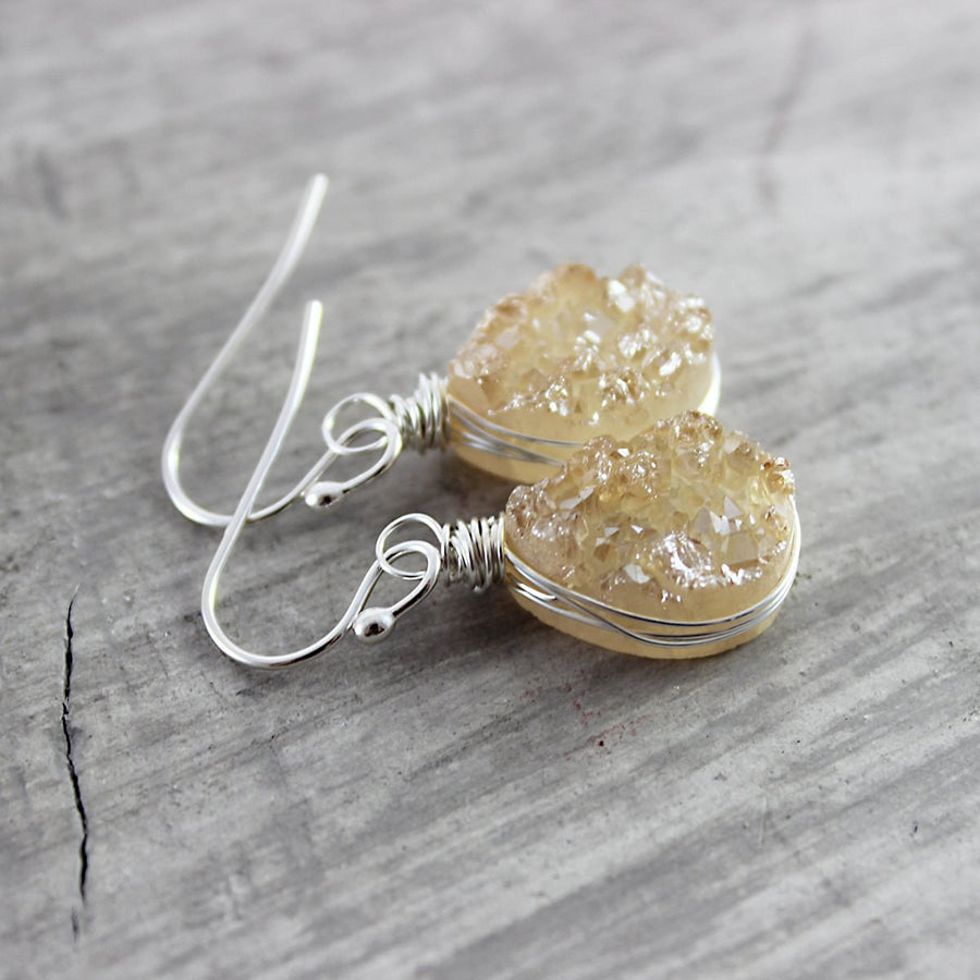 Peach Druzy Teardrop Sterling Silver Earrings