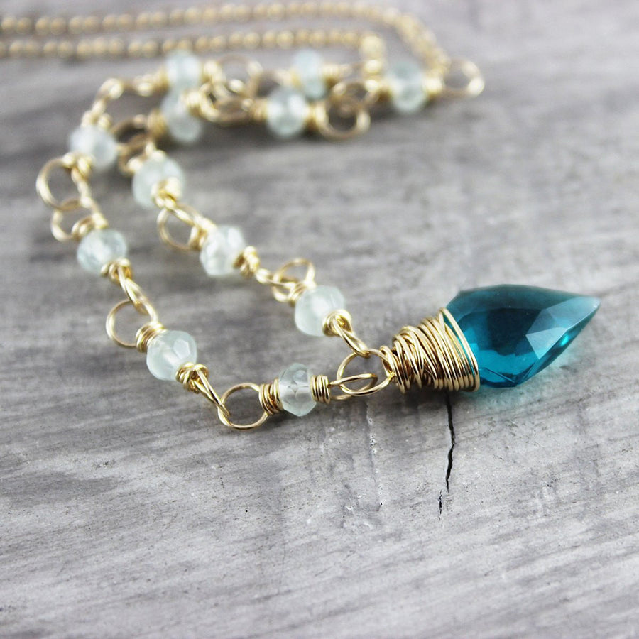 Bright Teal Gold Beaded Necklace