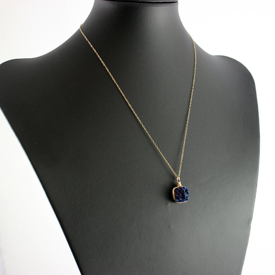 Dark Blue Druzy Square Gold Filled Necklace