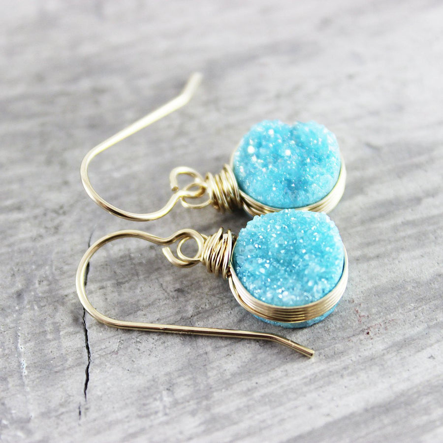 Sky Blue Druzy Gold Circle Earrings