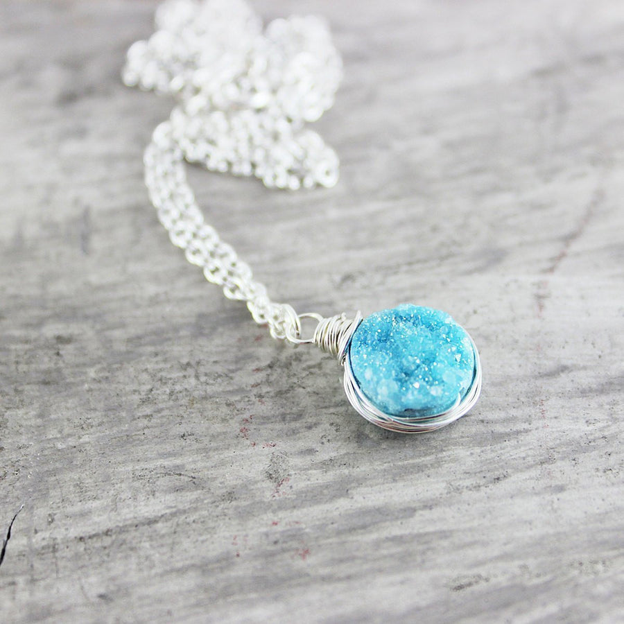 Sky Blue Druzy Silver Circle Necklace