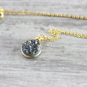 Rainbow Druzy Geode Gold Circle Necklace