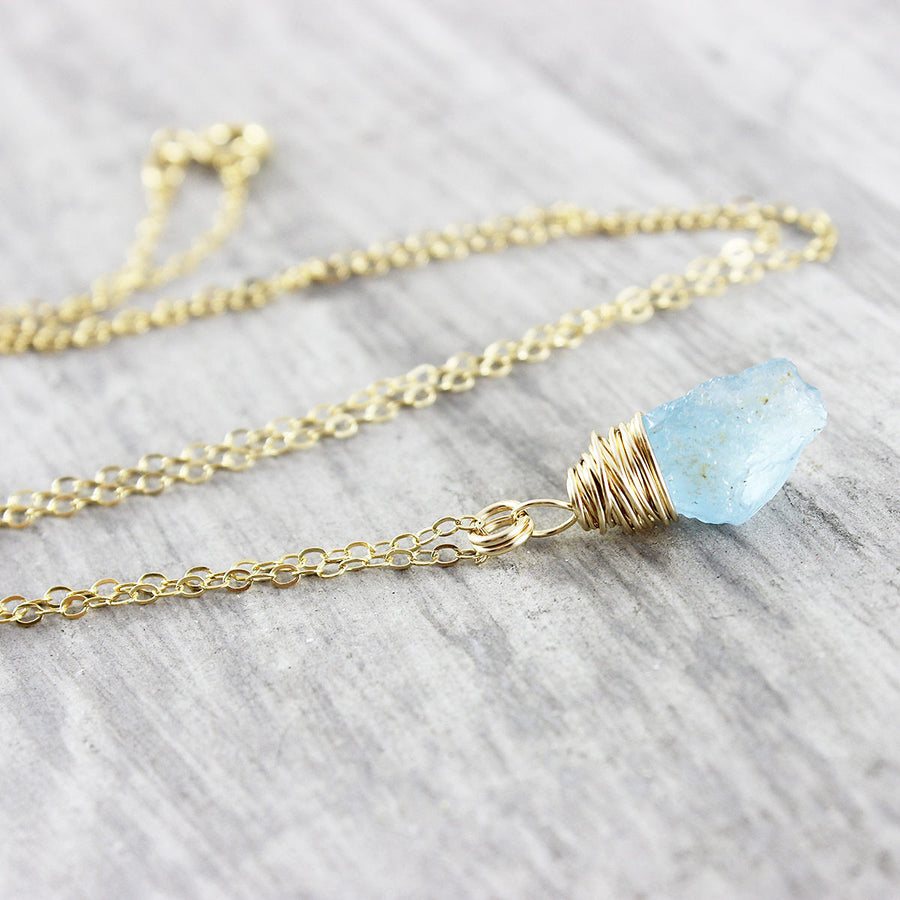 Blue Aquamarine Gemstone Gold Filled Raw Stone Necklace