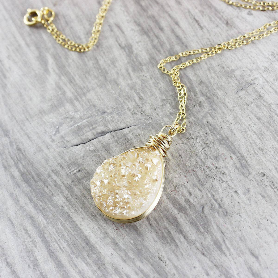 Light Champagne Druzy Gold Teardrop Necklace