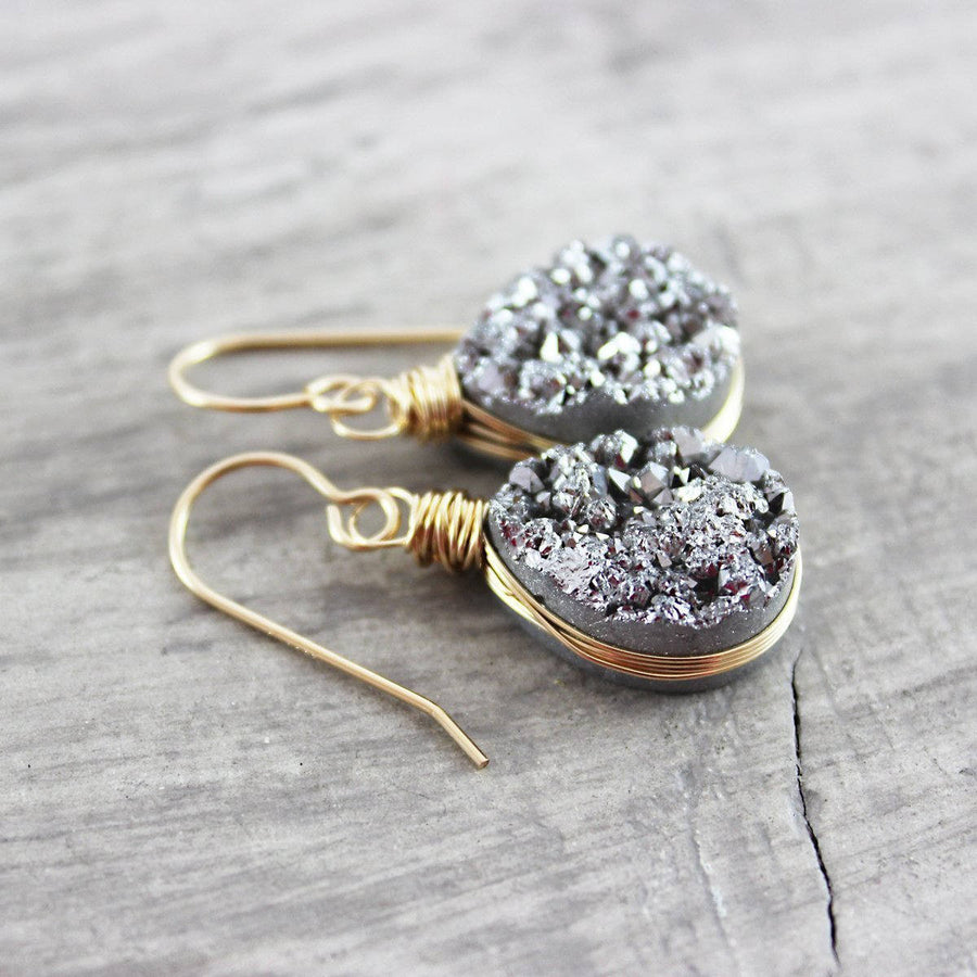Silver and Gold Druzy Geode Teardrop Earrings