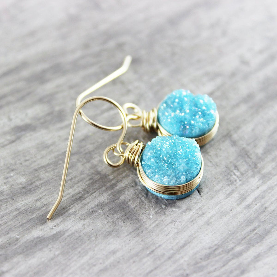 Sky Blue Druzy Gold Circle Earrings