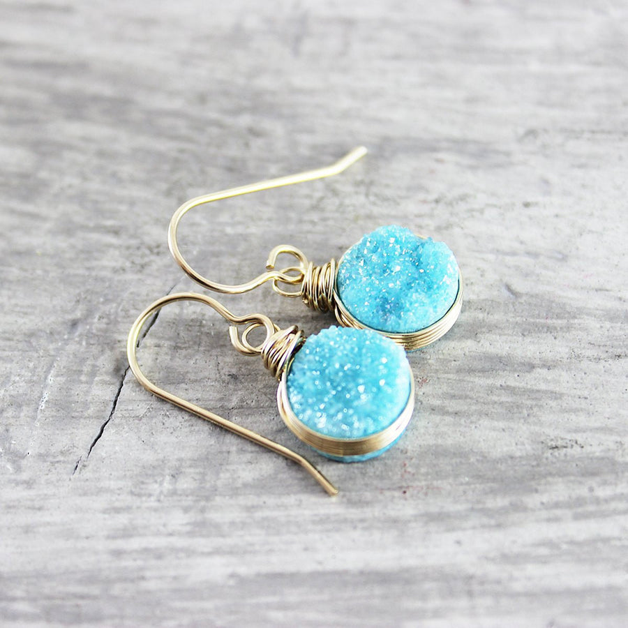 Sky Blue Druzy Gold Circle Earrings