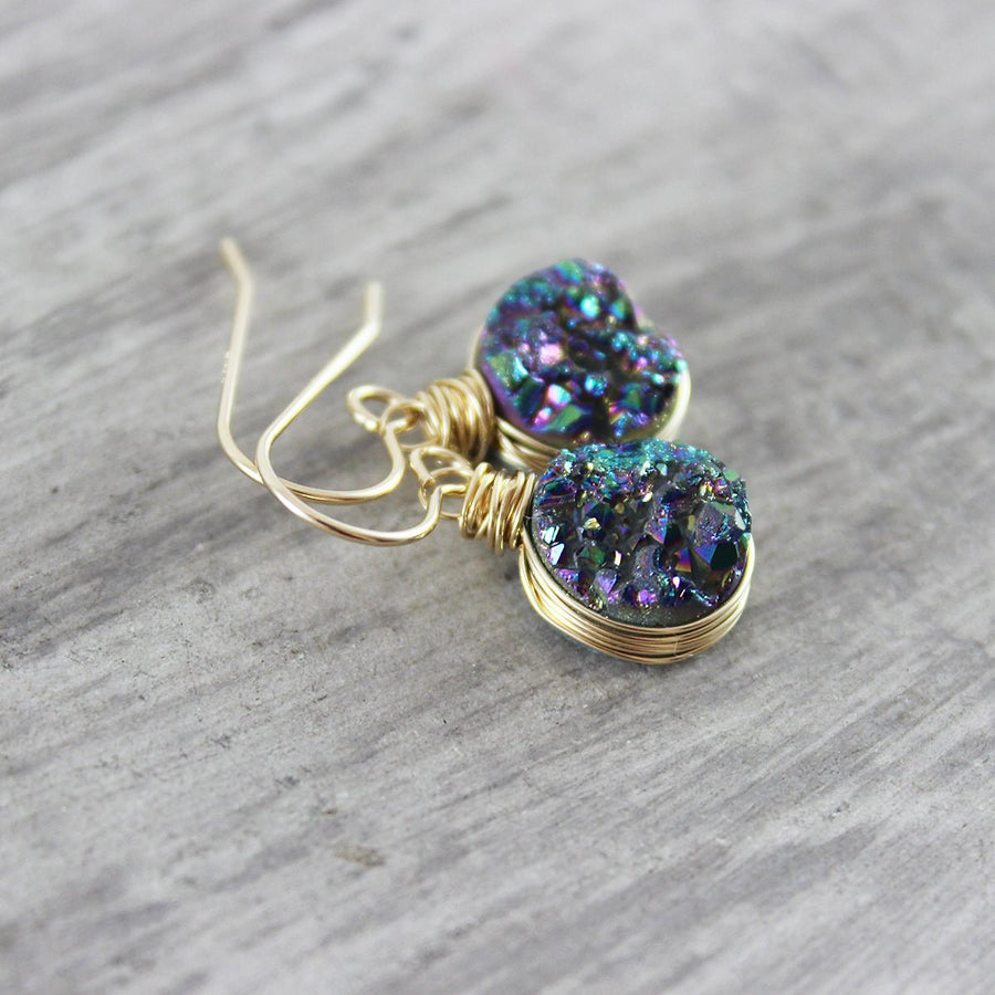 Rainbow Druzy Gold Circle Earrings