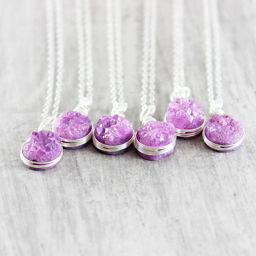 Fuchsia Druzy Sterling Silver Necklace