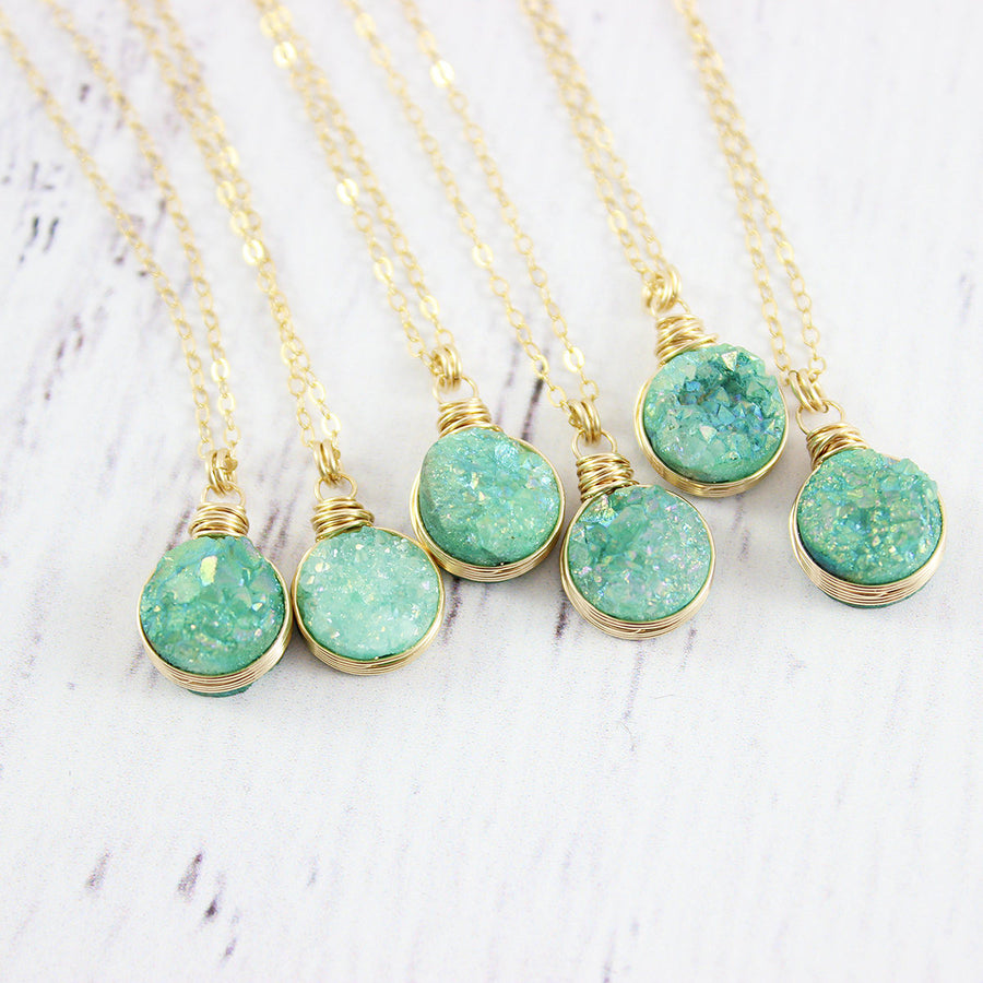 Turquoise Green Druzy Gold Circle Necklace